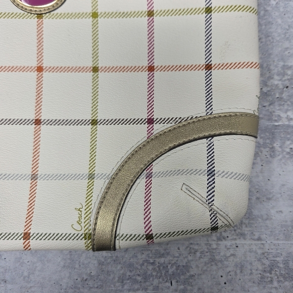 Coach | Peyton Tattersall Shoulder Bag Adjustable Strap Cream Pink Green Purple - Picture 4 of 12